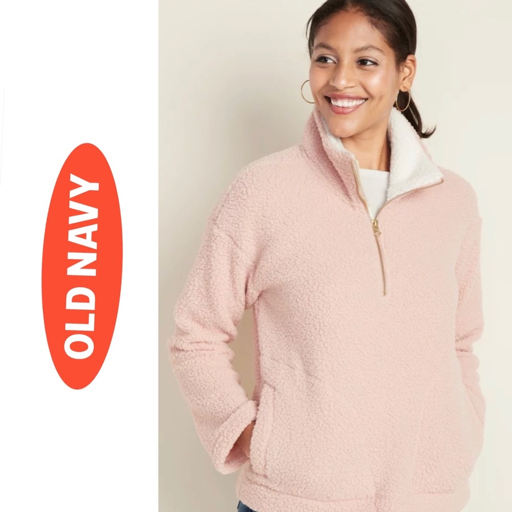 EUC Old Navy Cozy Sherpa Quarter-Zip Pullover in Pink and Cream Size XXL